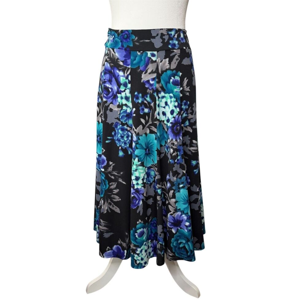 Lily Size Medium Black Blue Floral Midi Skirt Paneled‎ Style Stretch Watercolor